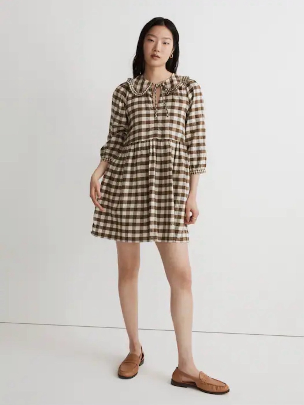 NWT Madewell Gingham Collared Puff-Sleeve Mini Dress in Golden Spinach XXS